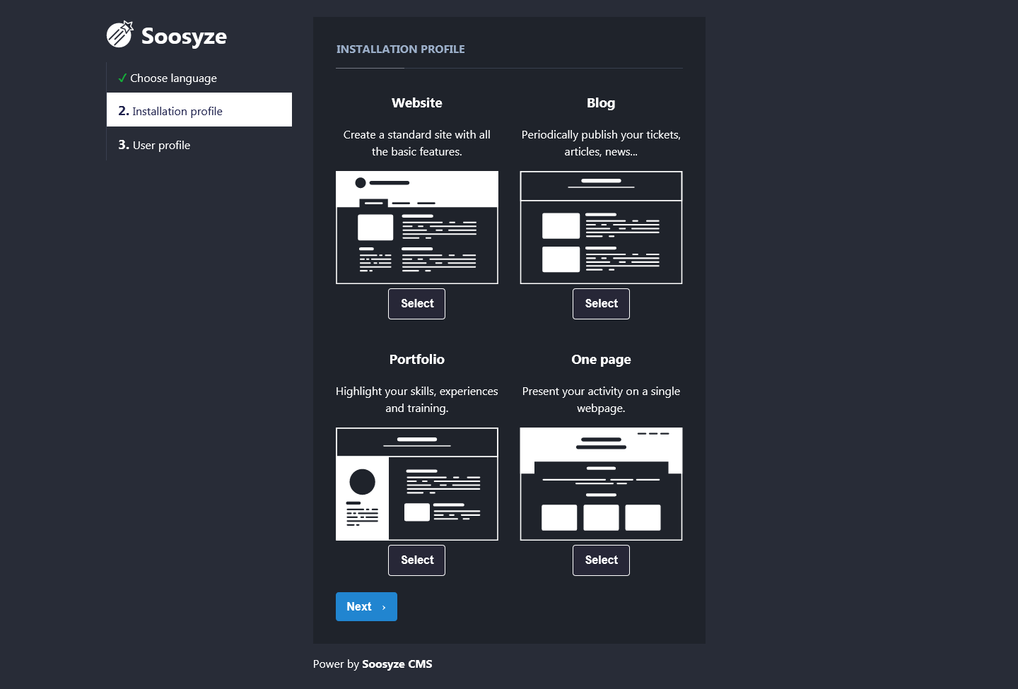 Screenshot of Soosyze CMS installation page