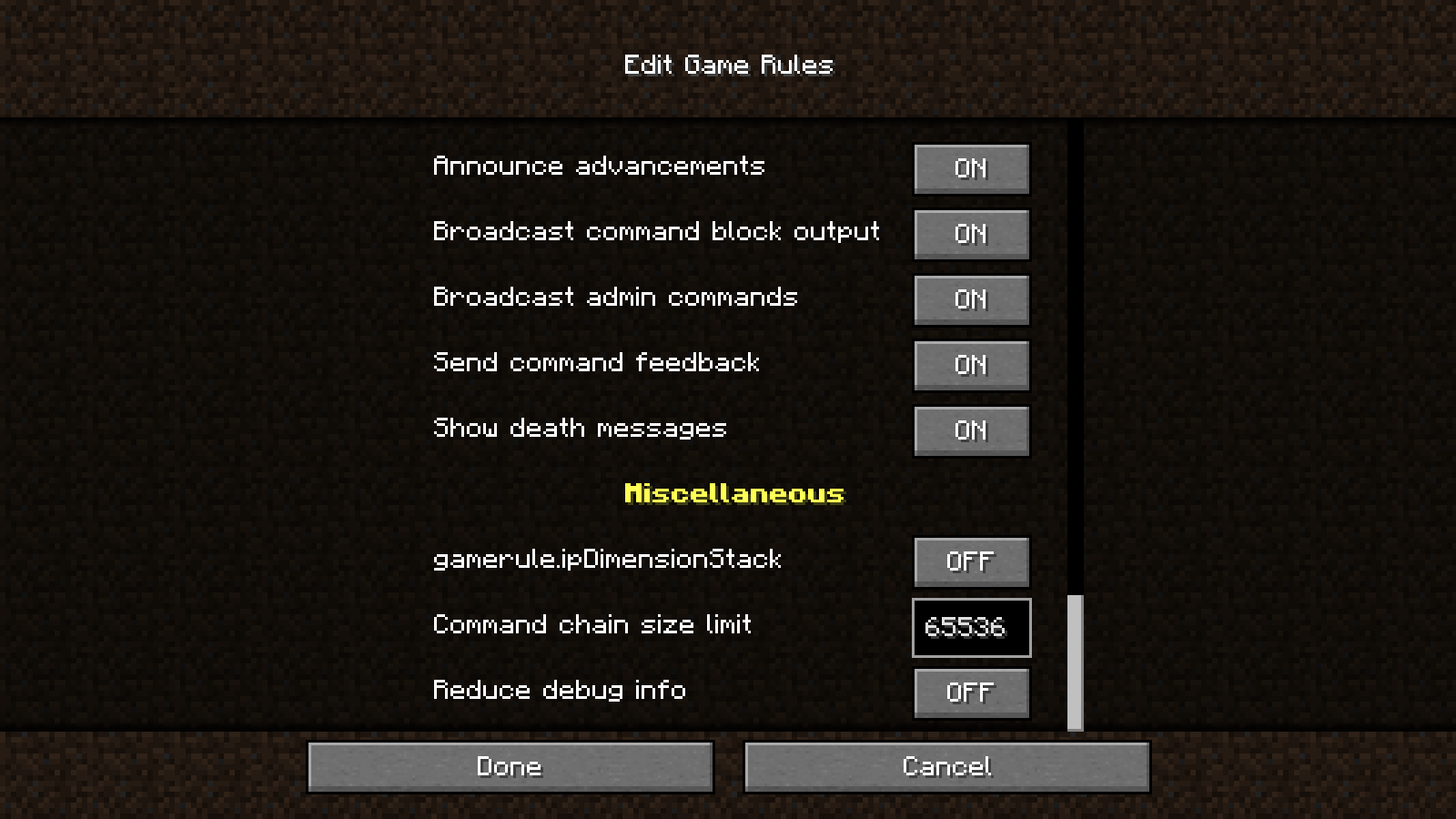 Screenshot of game rules menu