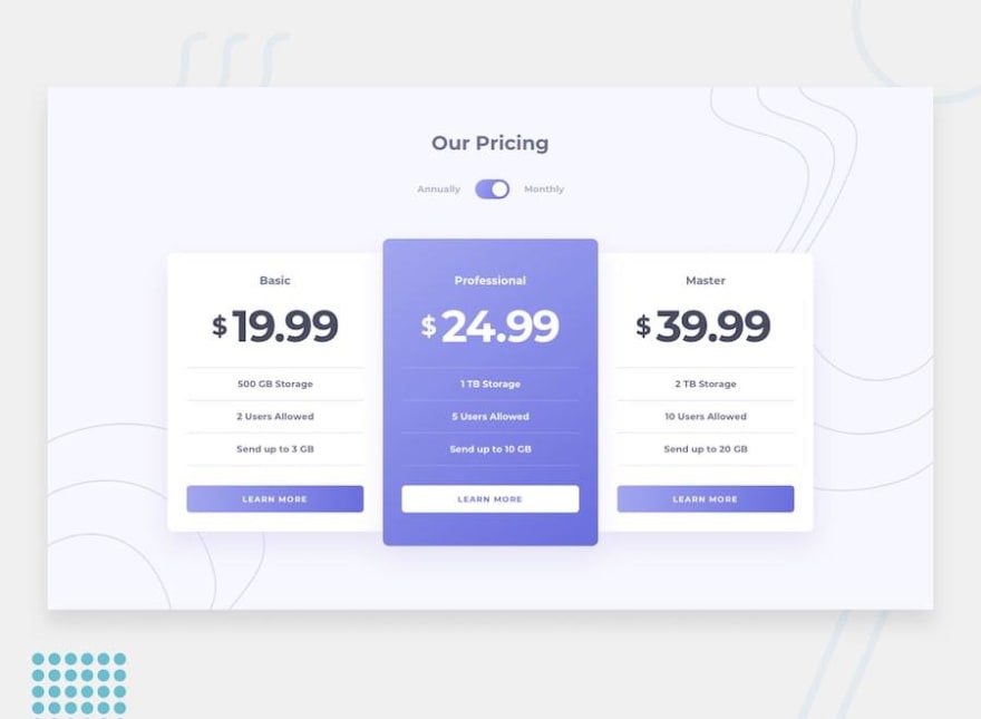 Design preview for the Pricing component with toggle challenge