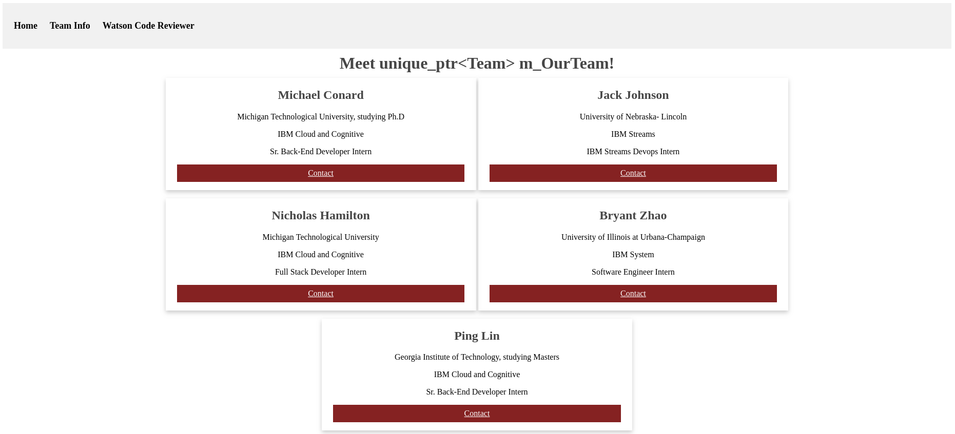 Team Info Page