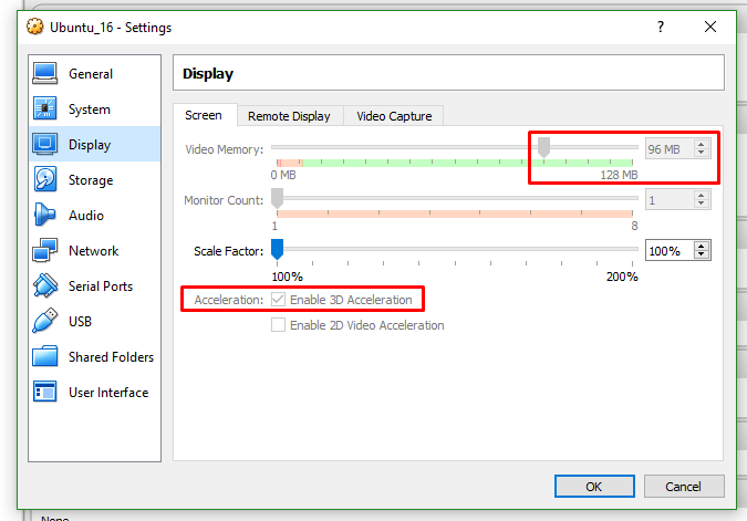 screenshot 3D acceleration vm settings