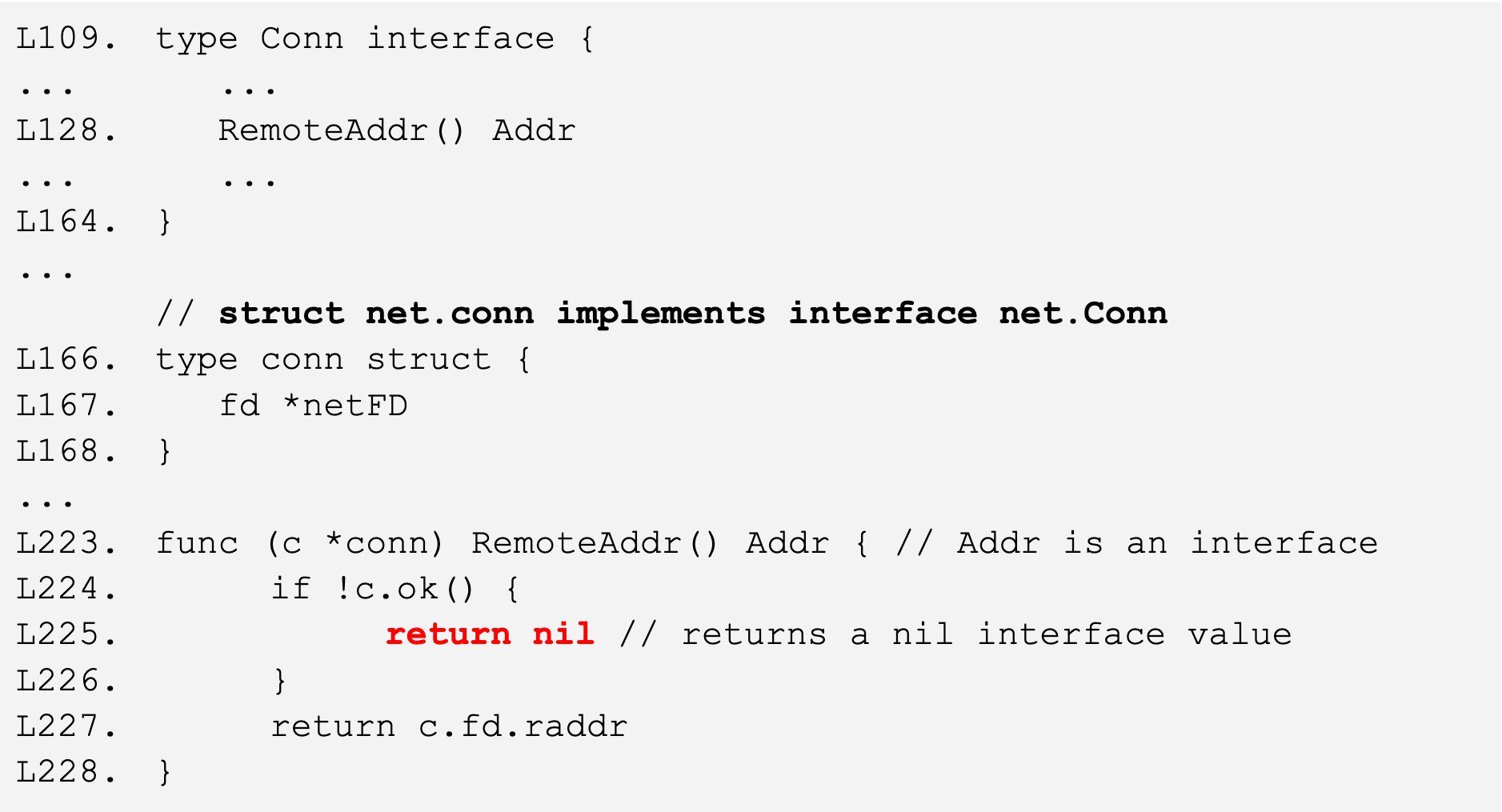 Figure 3: Excerpt from net/net.go showing the net.Conn interface and the implementation of the RemoteAddr() method by the struct net.conn, which can return nil, if c.ok() is false