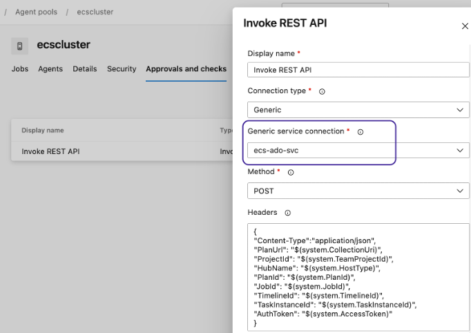 Screenshot showing detailed Configuration for Approvals and Checks using Invoke REST API for the agent pool