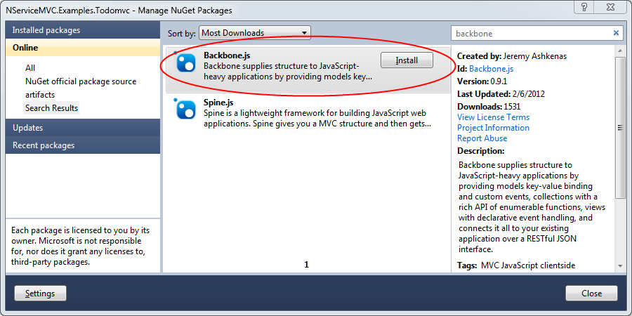 Install backbone with nuget