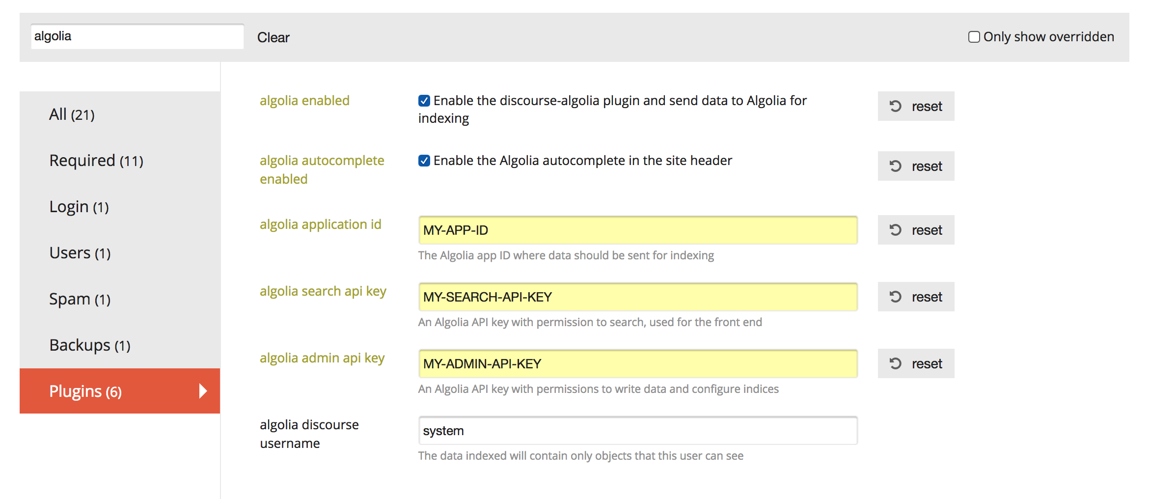 discourse-algolia populated configuration options