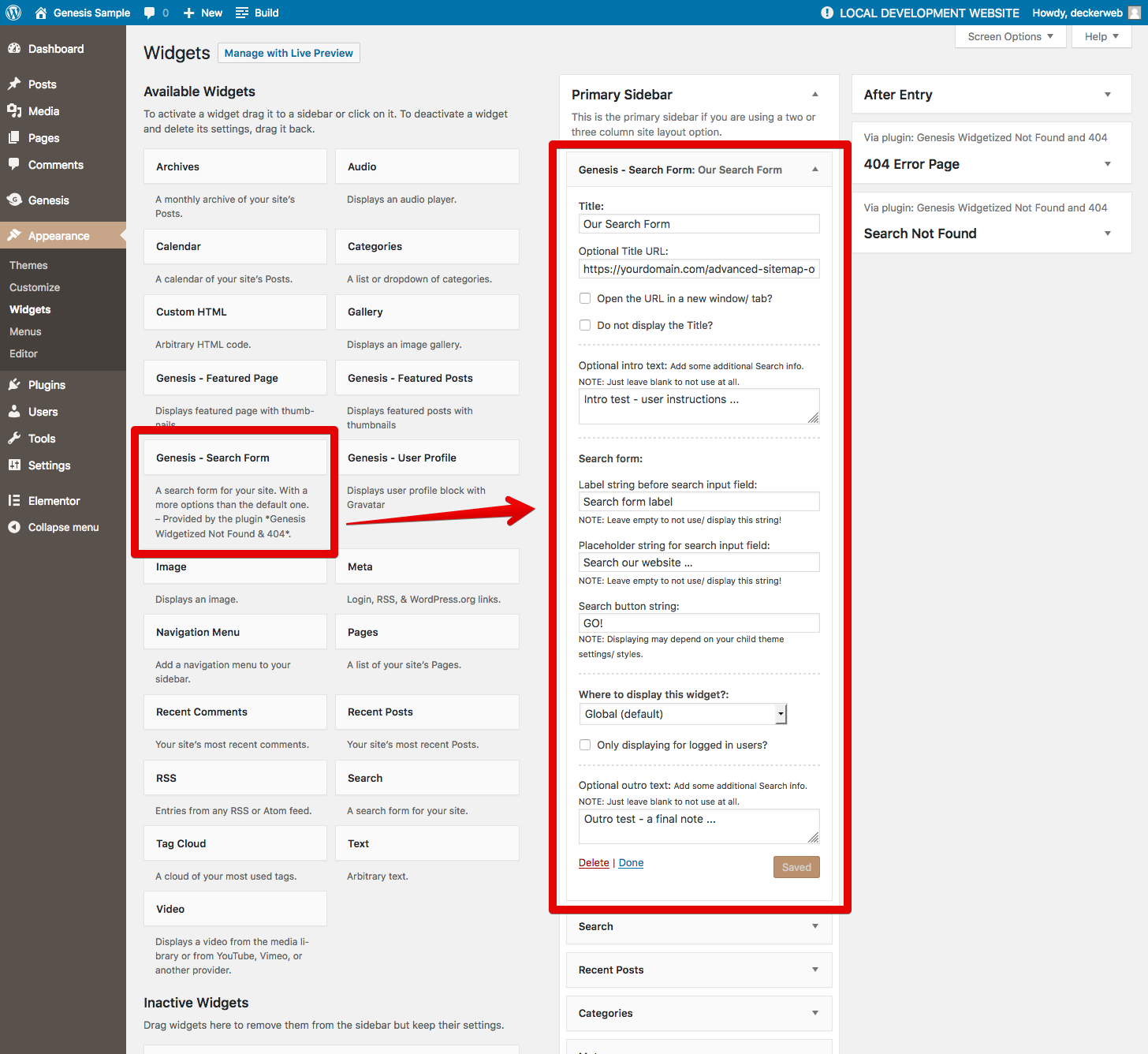 The plugin's own search widget called "Genesis - Search Form" with way more options than the WordPress core search widget!