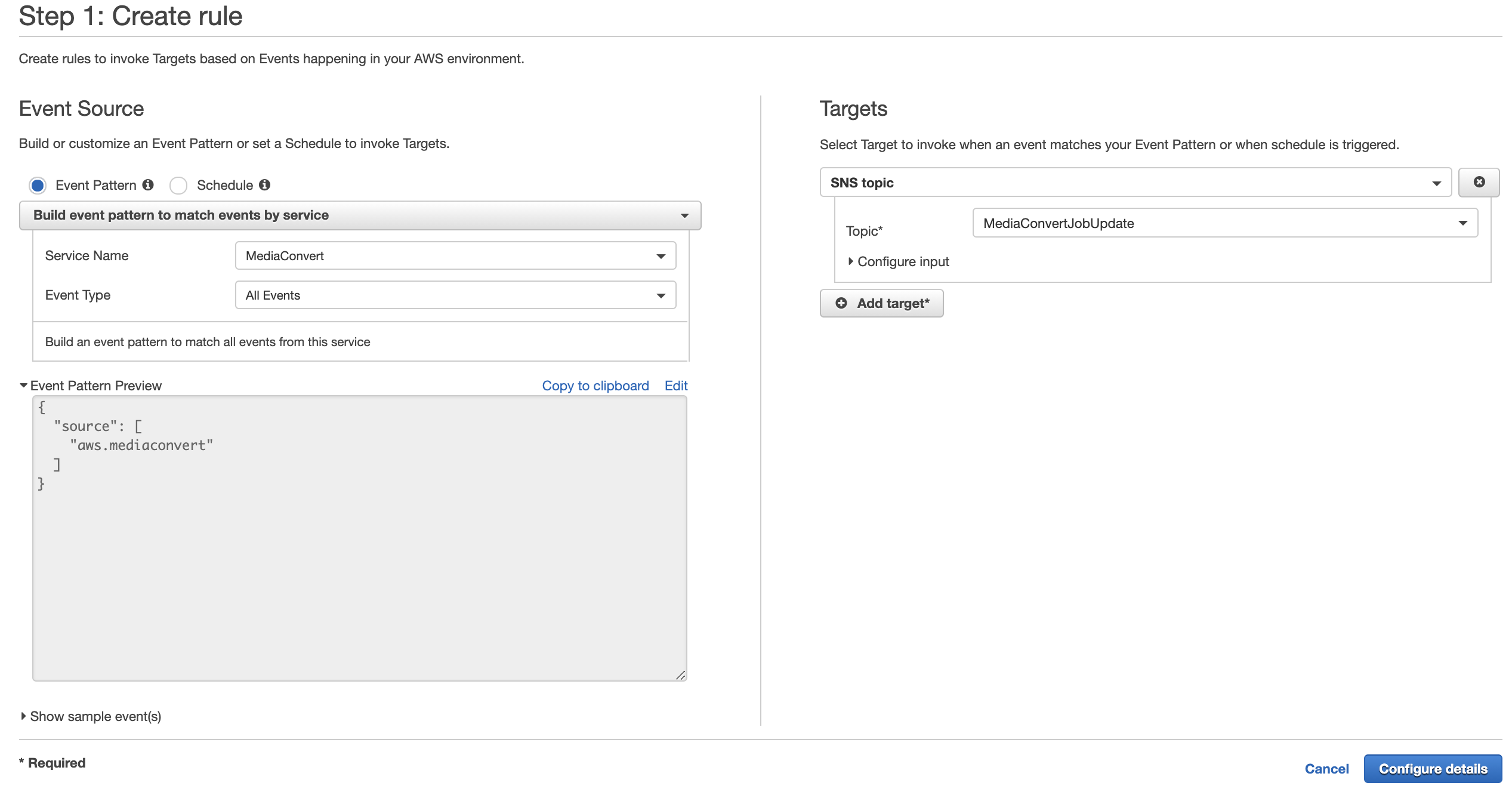 AWS CloudWatch Rule Creation Screenshot