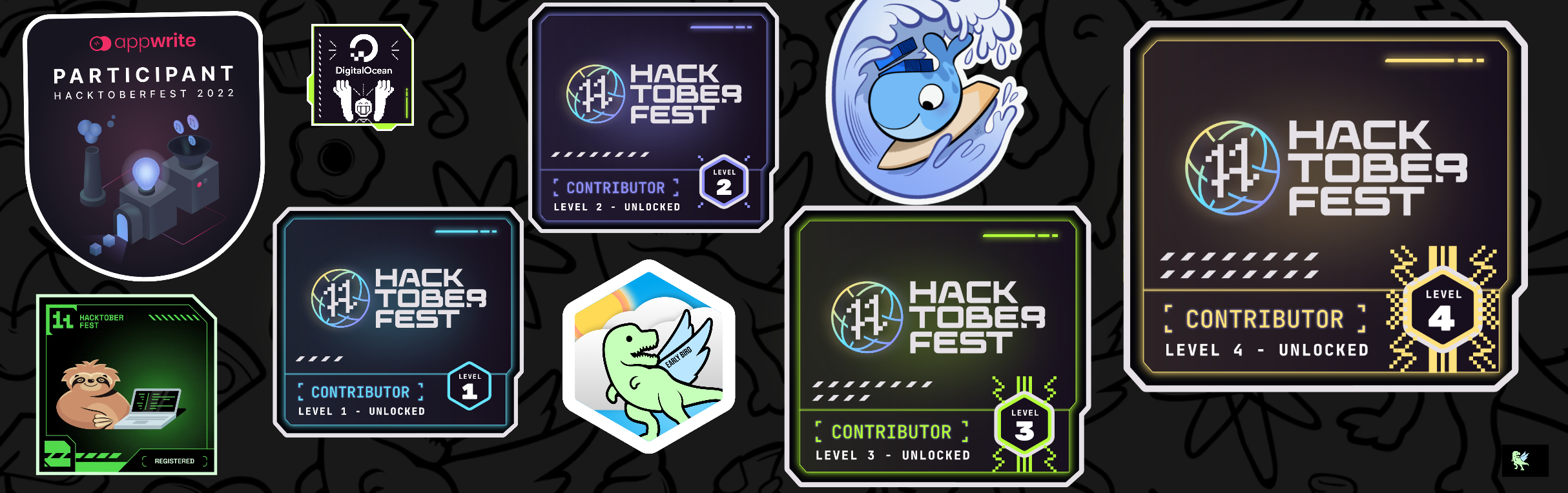 An image of @codedude's Holopin badges, which is a link to view their full Holopin profile
