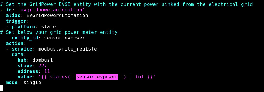 Automation example that feeds the grid power value to the EVSE: replace evpower with the name of your power entity