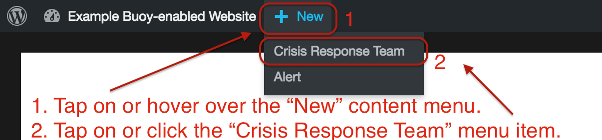 Screenshot of accessing "Crisis Response Teams" from the New Content admin bar menu item.