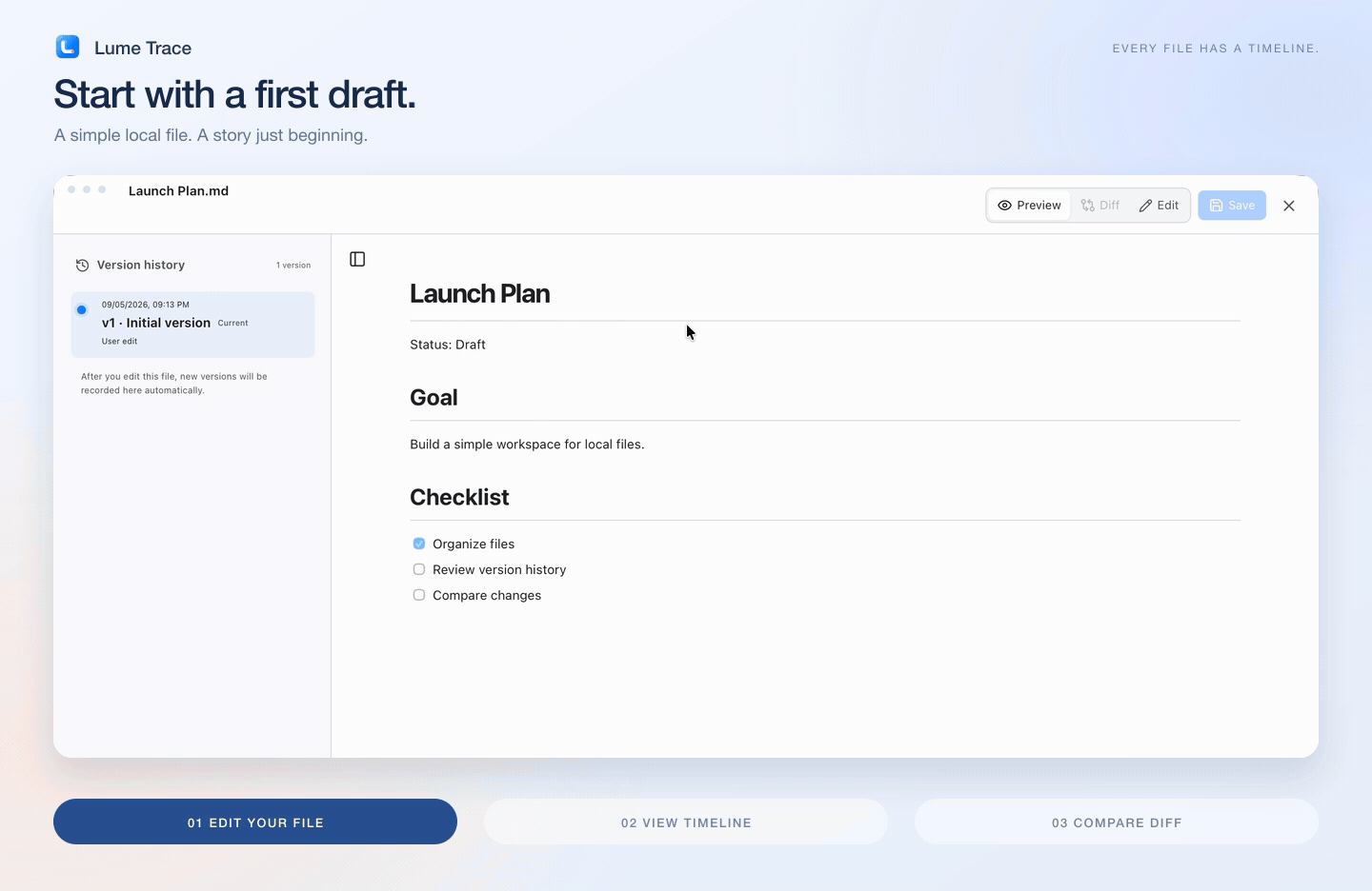 LumeTrace: edit a Markdown file from V1 to V2, see both versions in its timeline, and compare changes with inline and side-by-side Diff.