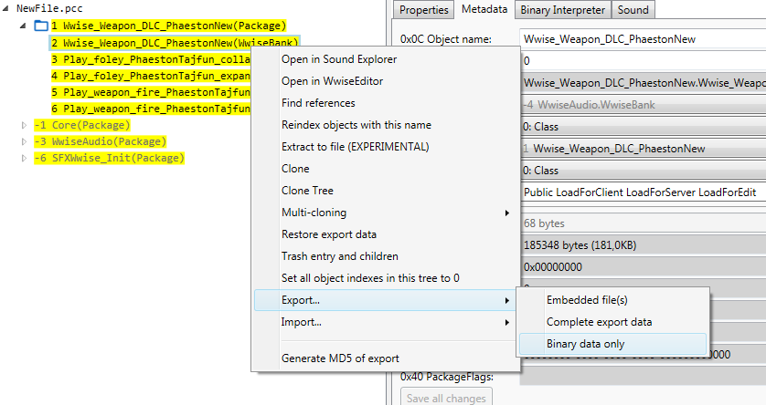 An image showing Export to Binary data only right-click menu option