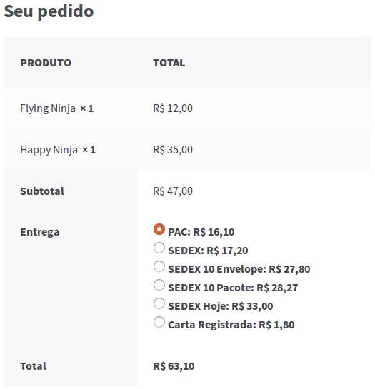 Exemplo dos métodos de entrega sendo exibidos na página de finalização.