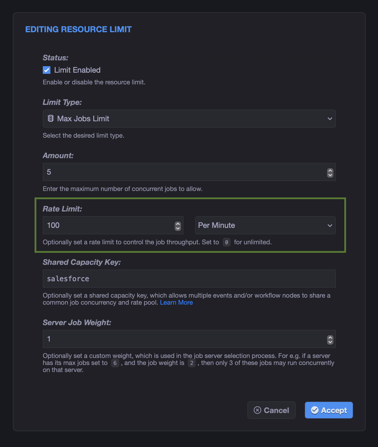 Max Jobs Limit dialog with the rate limit controls highlighted