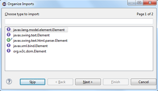 skip button in organize imports dialog