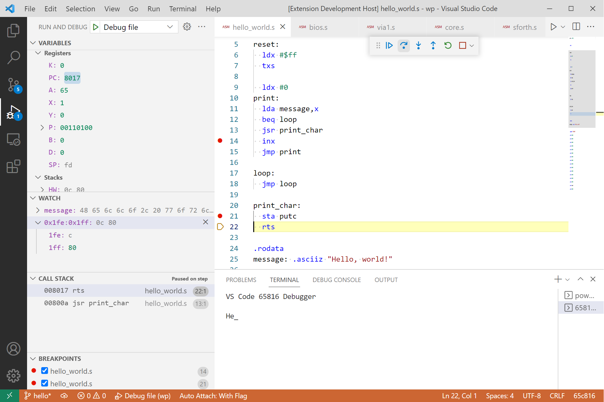 Screenshot of db65xx debugger