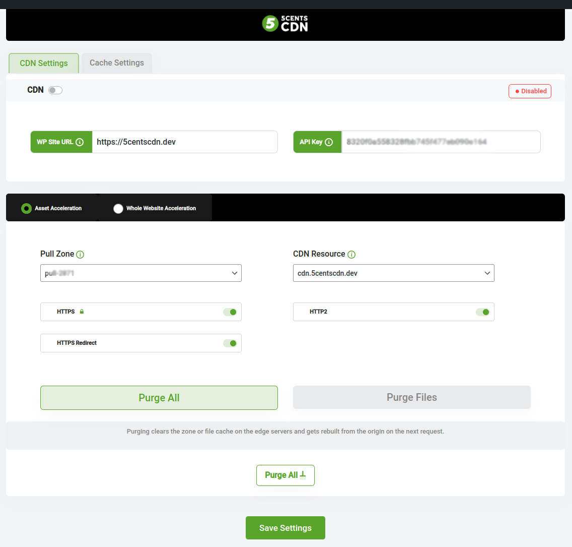 Cache Settings Page