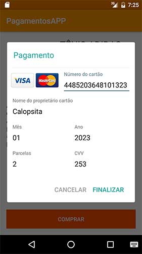 Tela de checkout no app Android