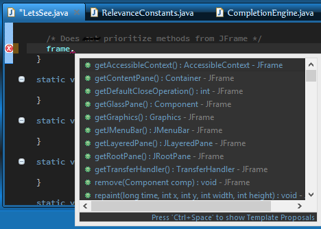 Screenshot showing methods from JFrame suggested first