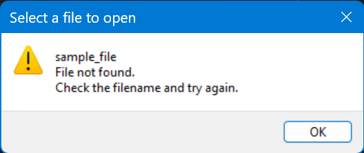 Screenshot of a warning message that says, File not found.