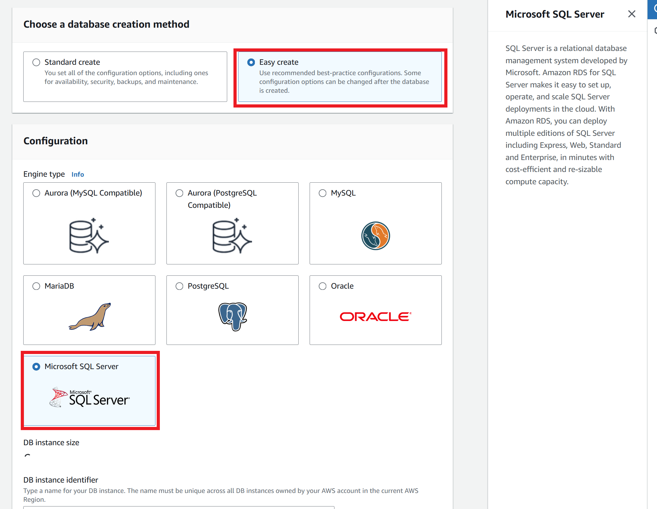 Choosing Easy create and choosing Microsfot SQL Server.