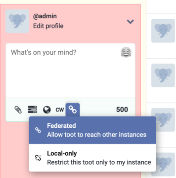 Screenshot of someone clicking the 'link' icon on the compose interface, with a drop down that offers 'federated' and 'local-only' options.