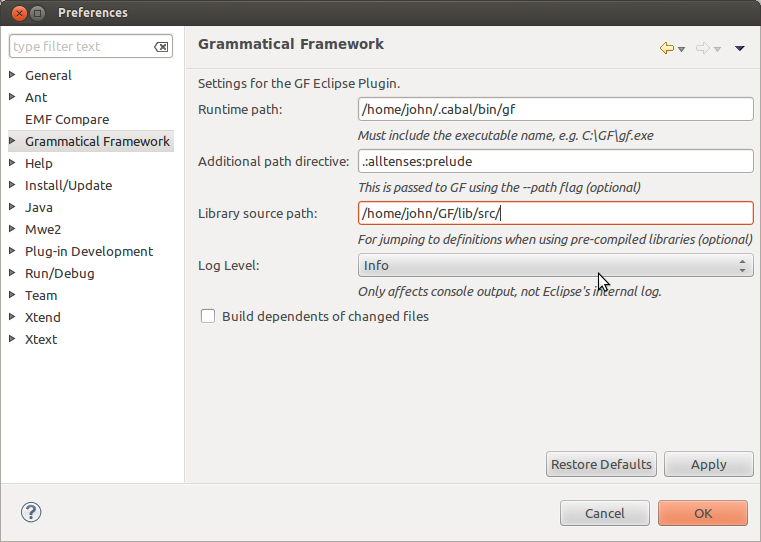 Plugin preferences window