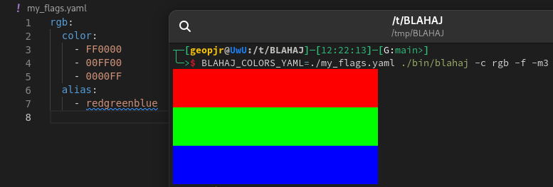 A screenshot of a file in vscodium and a terminal window. The open file is named my_flags.yaml and lists an RGB flag in the same format as colors.yaml. The terminal window ran BLAHAJ_COLORS_YAML=./my_flags.yaml ./bin/blahaj -c rgb -f -m3 and outputed the rgb flag.