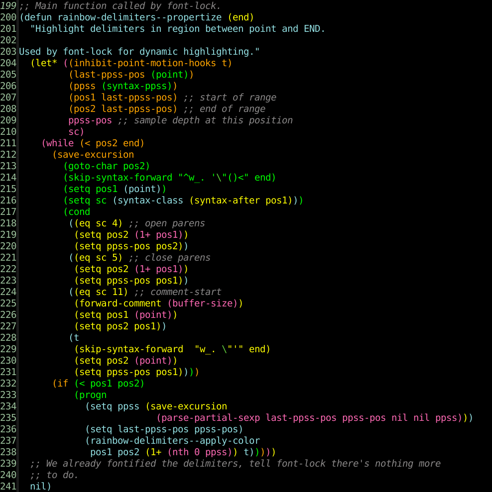 Screenshot of emacs buffer with rainbow-delimiters