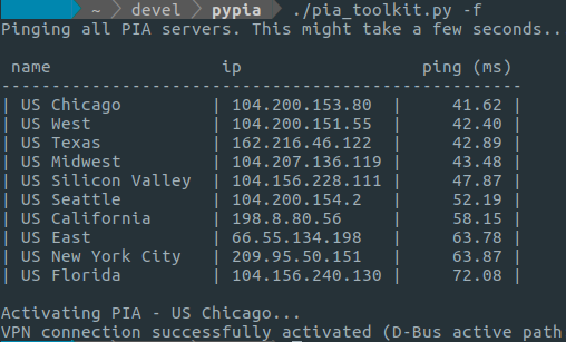 Example tabulation of latencies after using -f flag