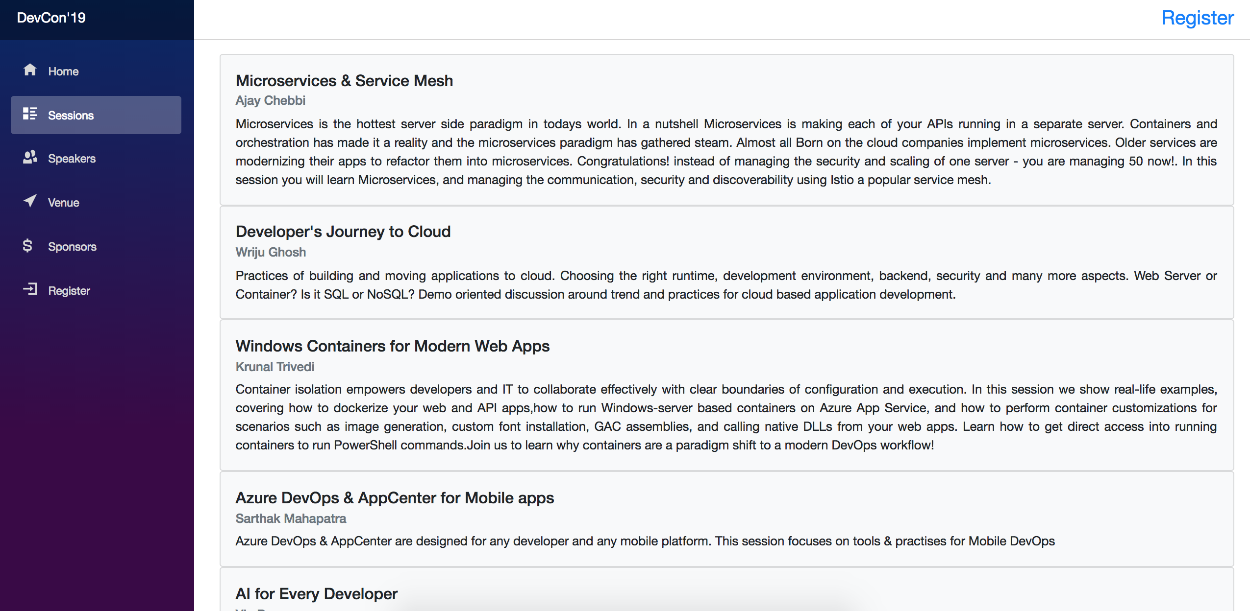 DevCon19 Sessions Page