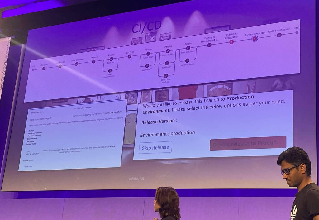 Andreia Otto 和 Ravikanth Mogulla 在 DevOpsDays 伦敦大会上解释了阿迪达斯的 CI/CD 管道（来源：Jennifer Riggins）。