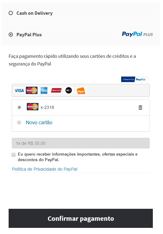 Exemplo de checkout com cartão de crédito do PayPal no tema Storefront.