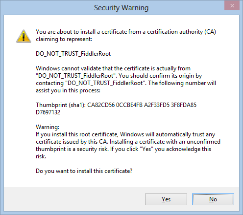 Fiddler Certificate Window