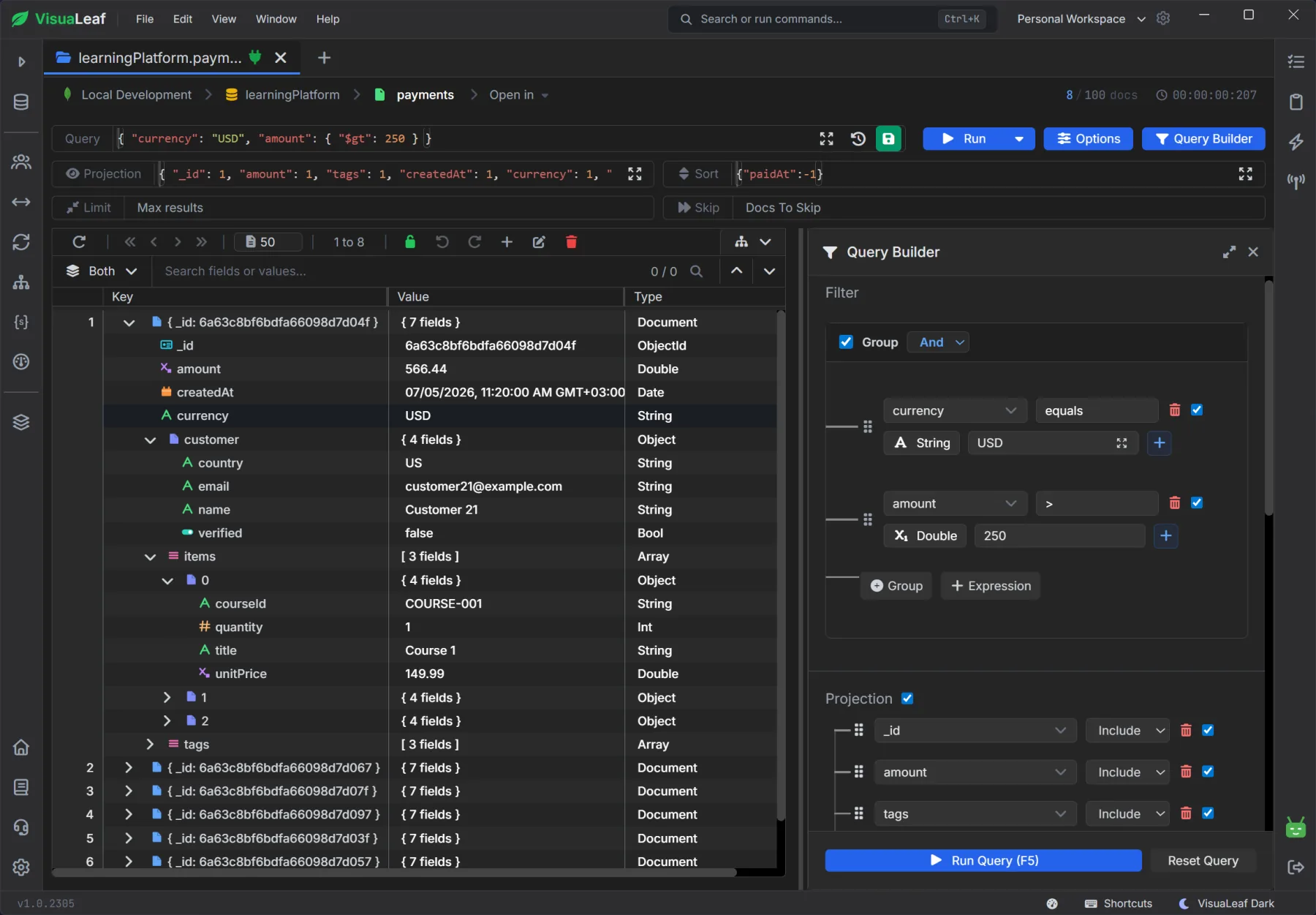 VisuaLeaf MongoDB GUI — visual query builder screenshot