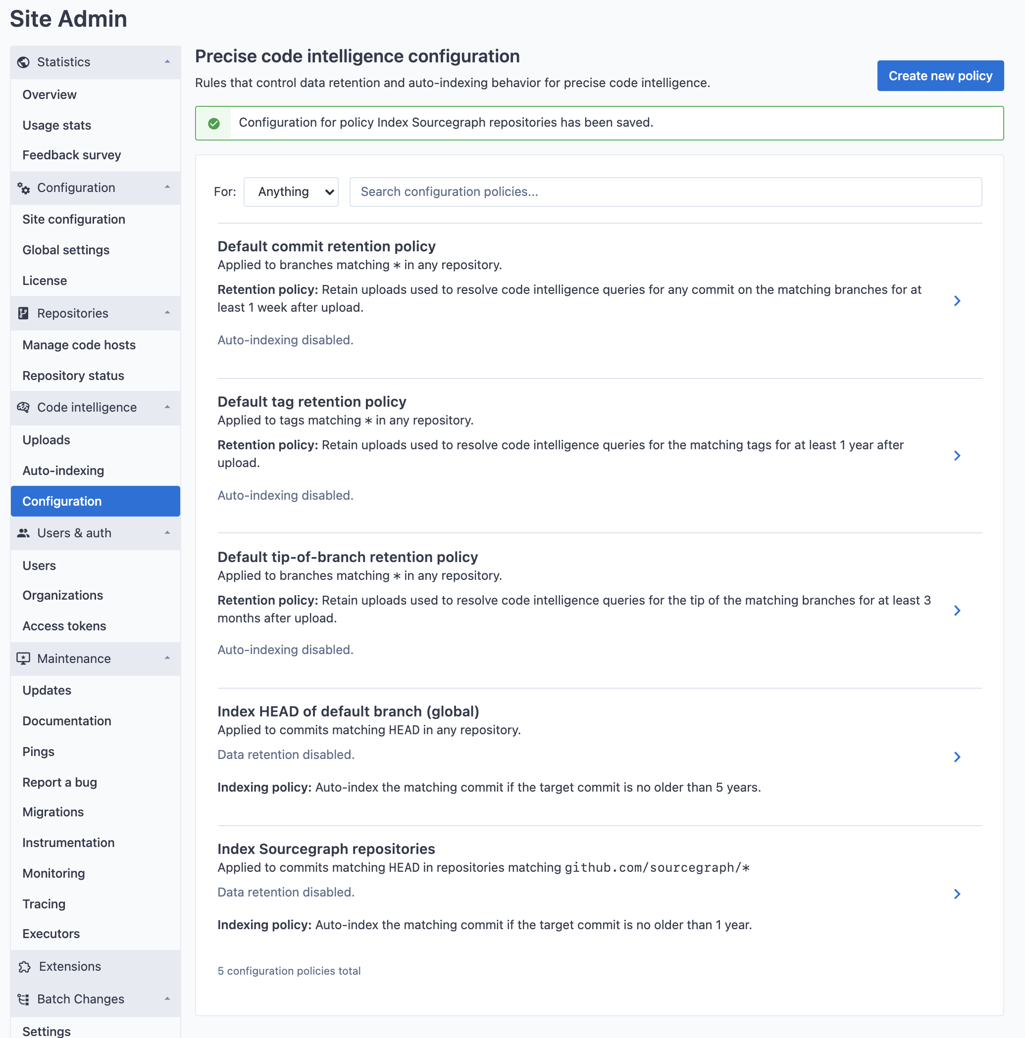 Global auto-indexing policy with repository patterns configuration created confirmation