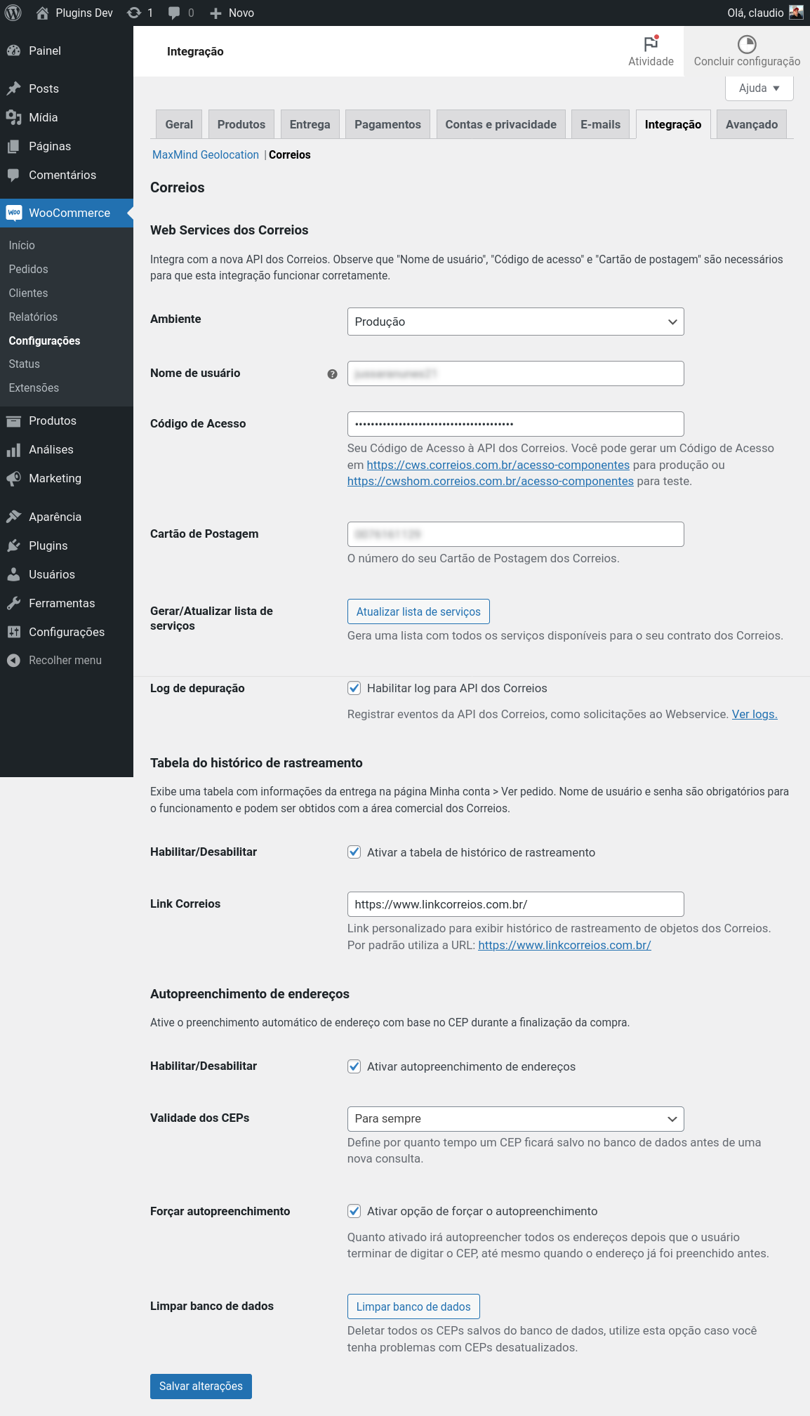 Configurações de integração com os Correios.