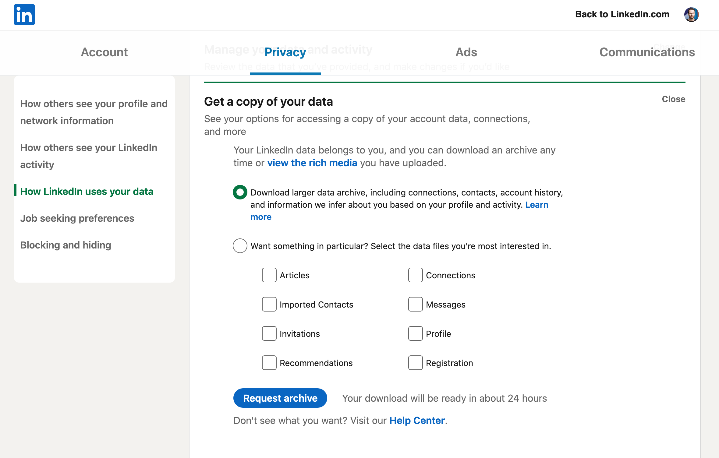 Screenshot of LinkedIn Data Export