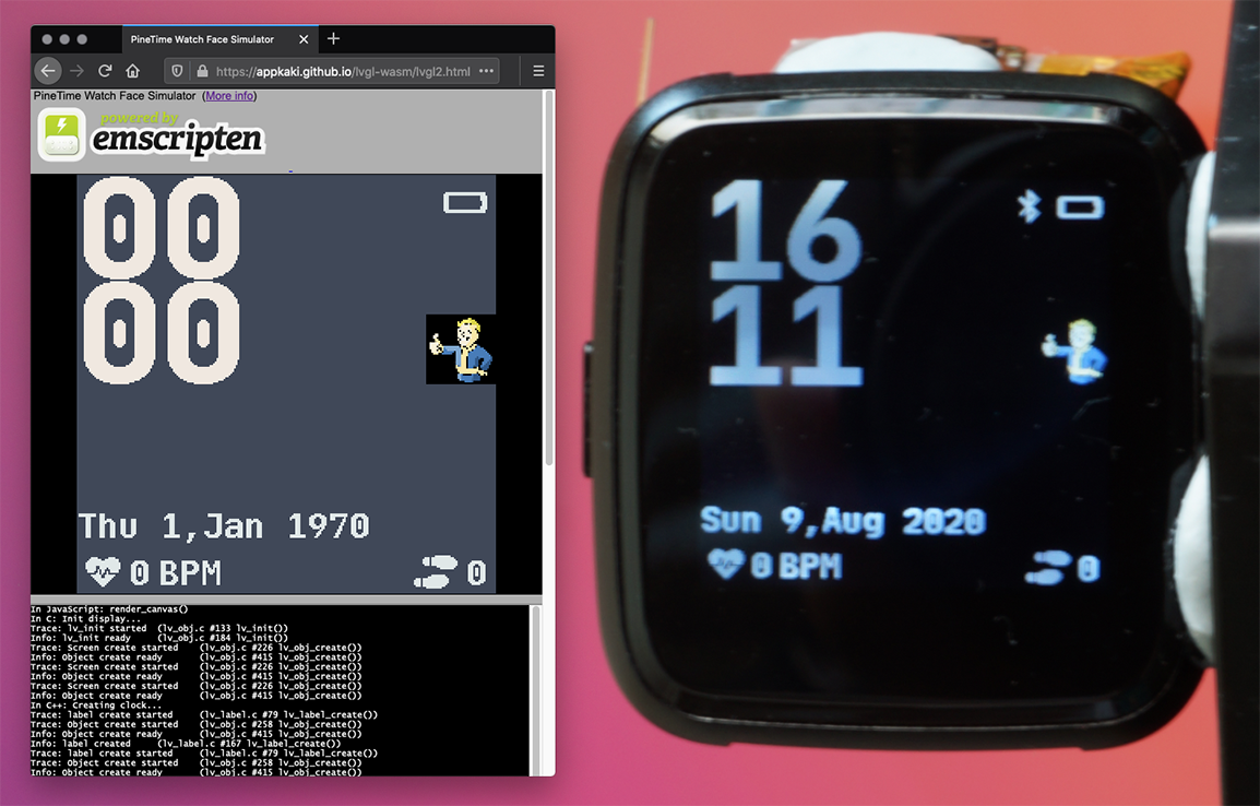 Custom PineTime Watch Face created in C++ by SravanSenthiln1: PineTime Watch Face Simulator vs Real PineTime