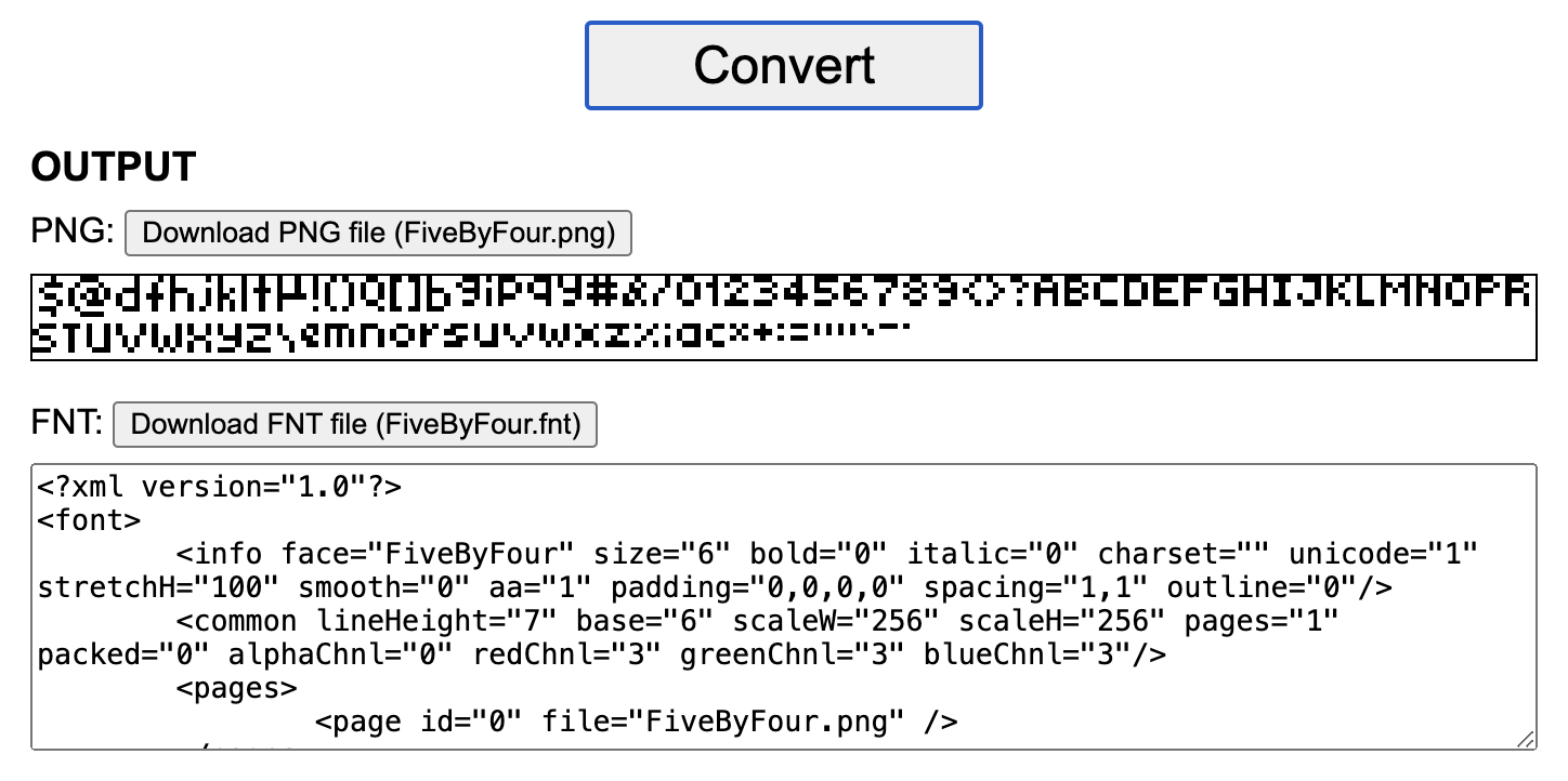 Screenshot of the OUTPUT section of the bmfontconvert tool, showing the CONVERT button and the generated PNG and FNT data