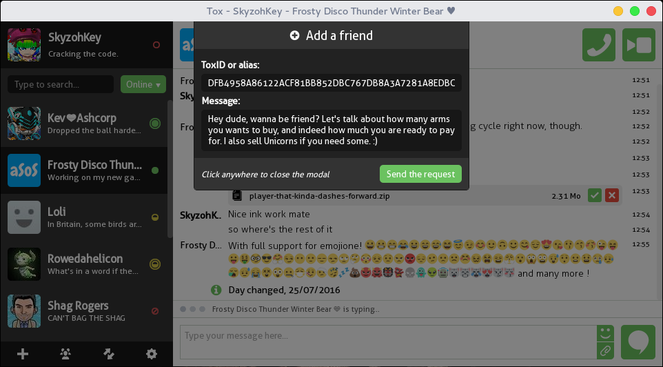 Tox client add friend modal screenshot