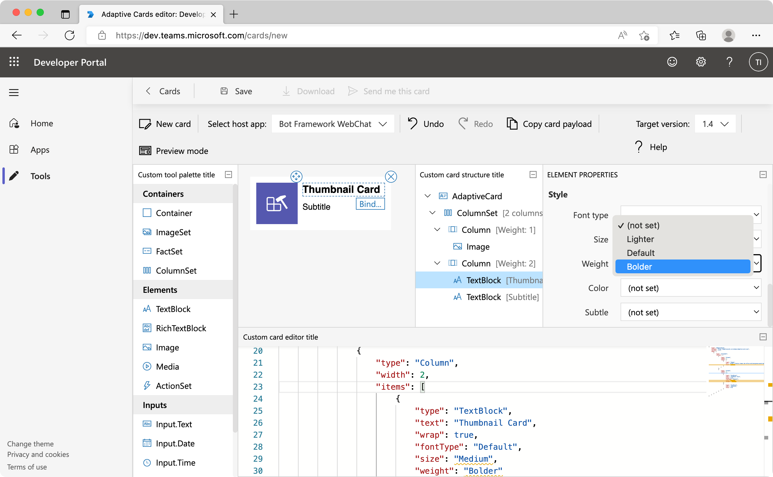 Screenshot of Adaptive Cards Editor