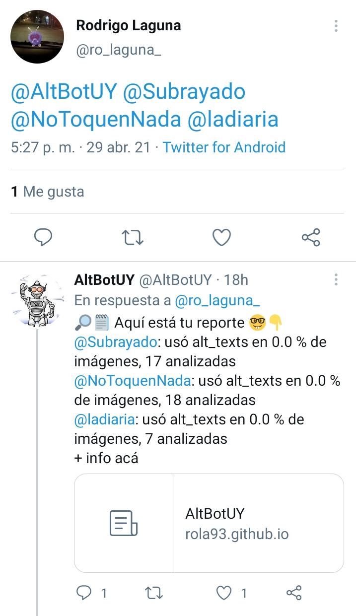 Captura de pantalla del tweet anterior que muestra el pedido del reporte, y la respuesta.