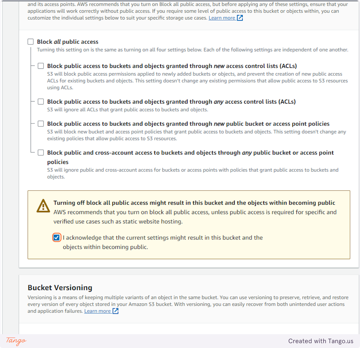 Check I acknowledge that the current settings might result in this bucket and the objects within becoming public.