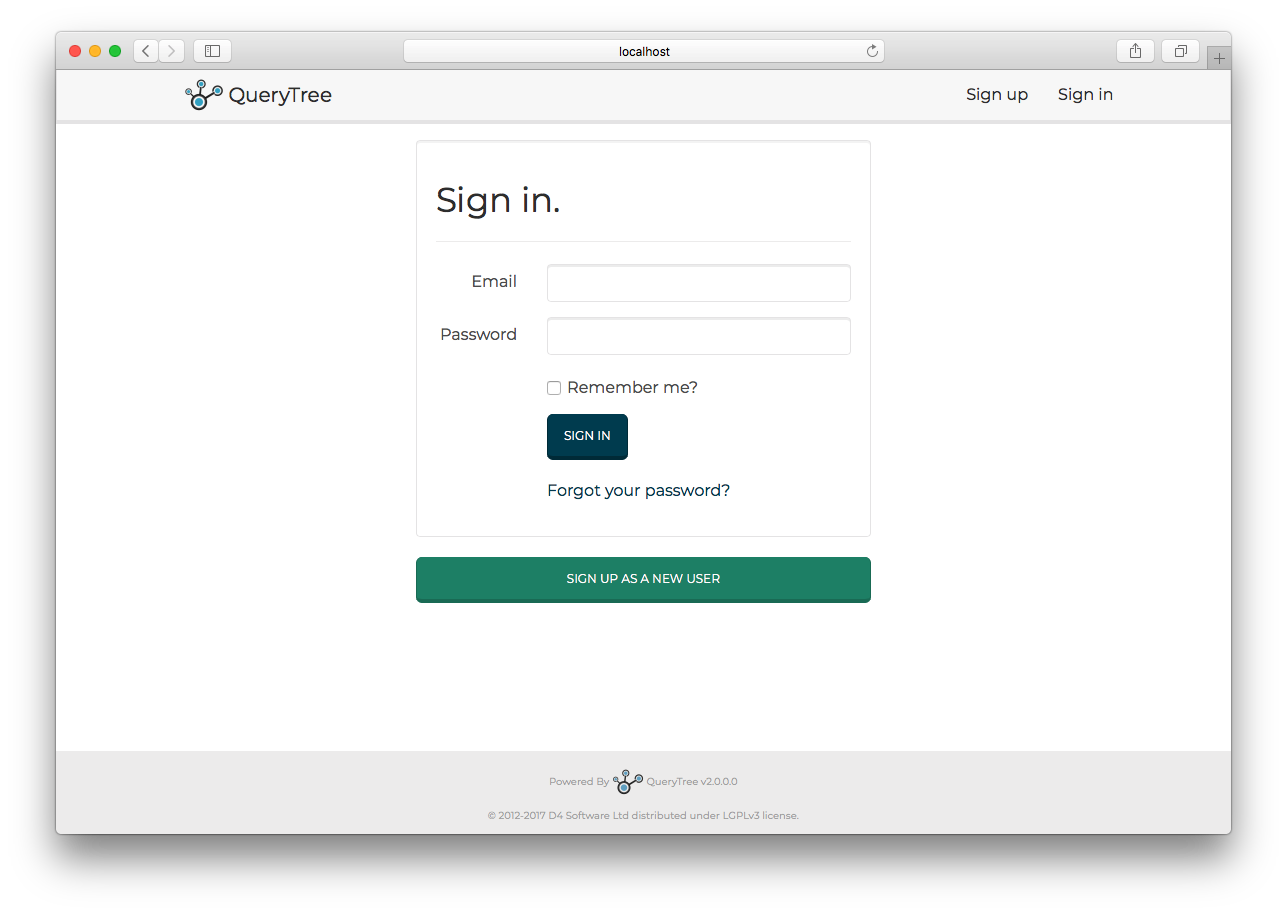 The QueryTree login page