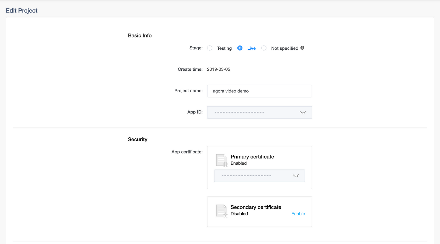 Agora Developer Console, Project Credentials Page