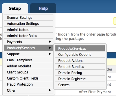 WHMCS - Adding Products - Menu