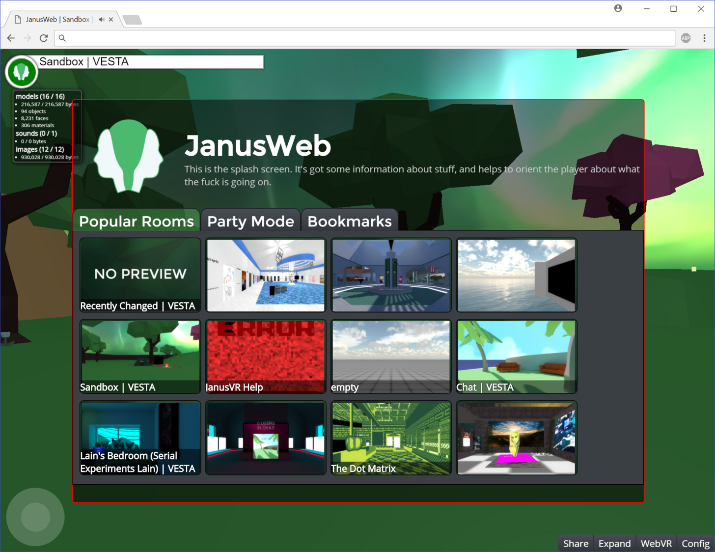 Splash menu in Janusweb