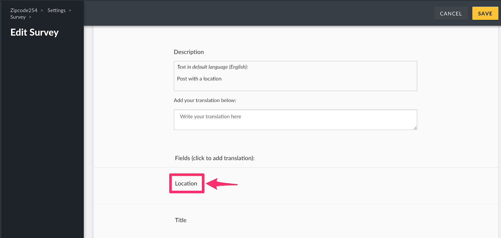 Selecting the location field for translation