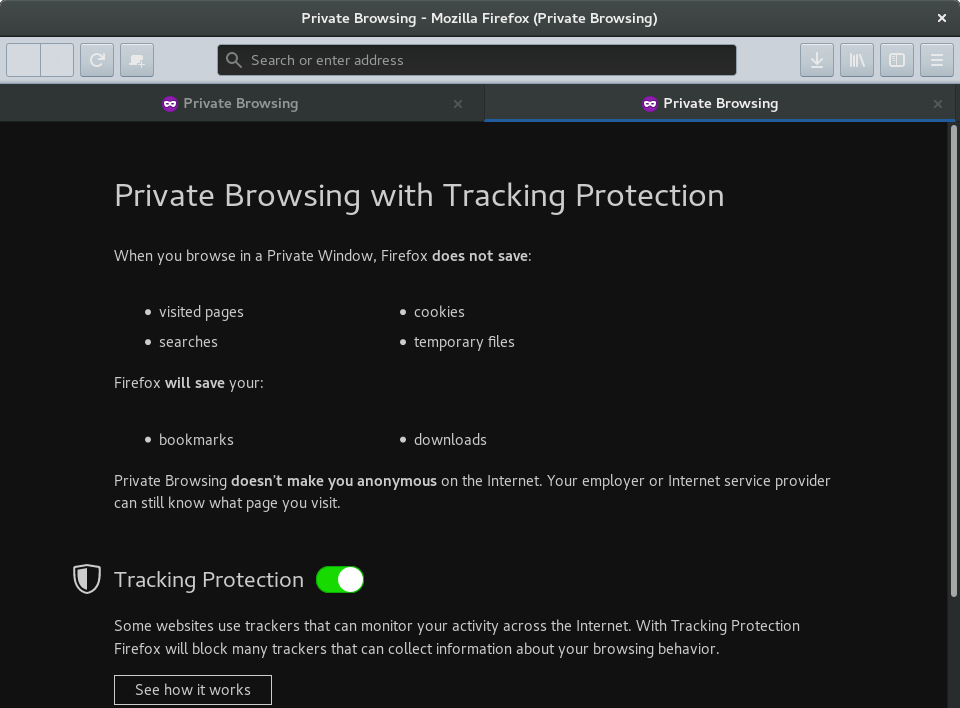 Firefox 57's private window with dark theme enabled